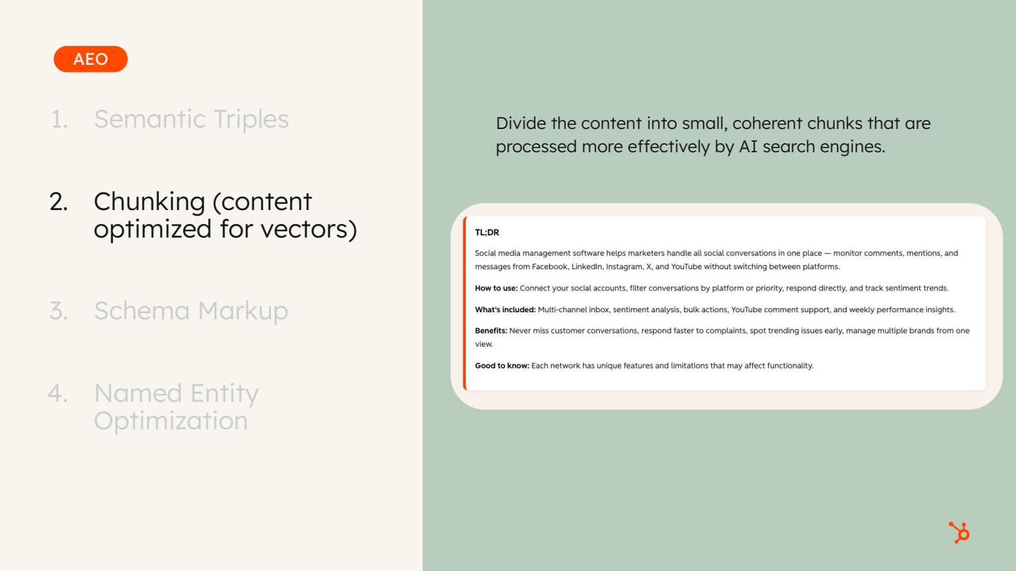 AEO content chunking strategy showing TL;DR summary format optimized for AI search engine vector processing.