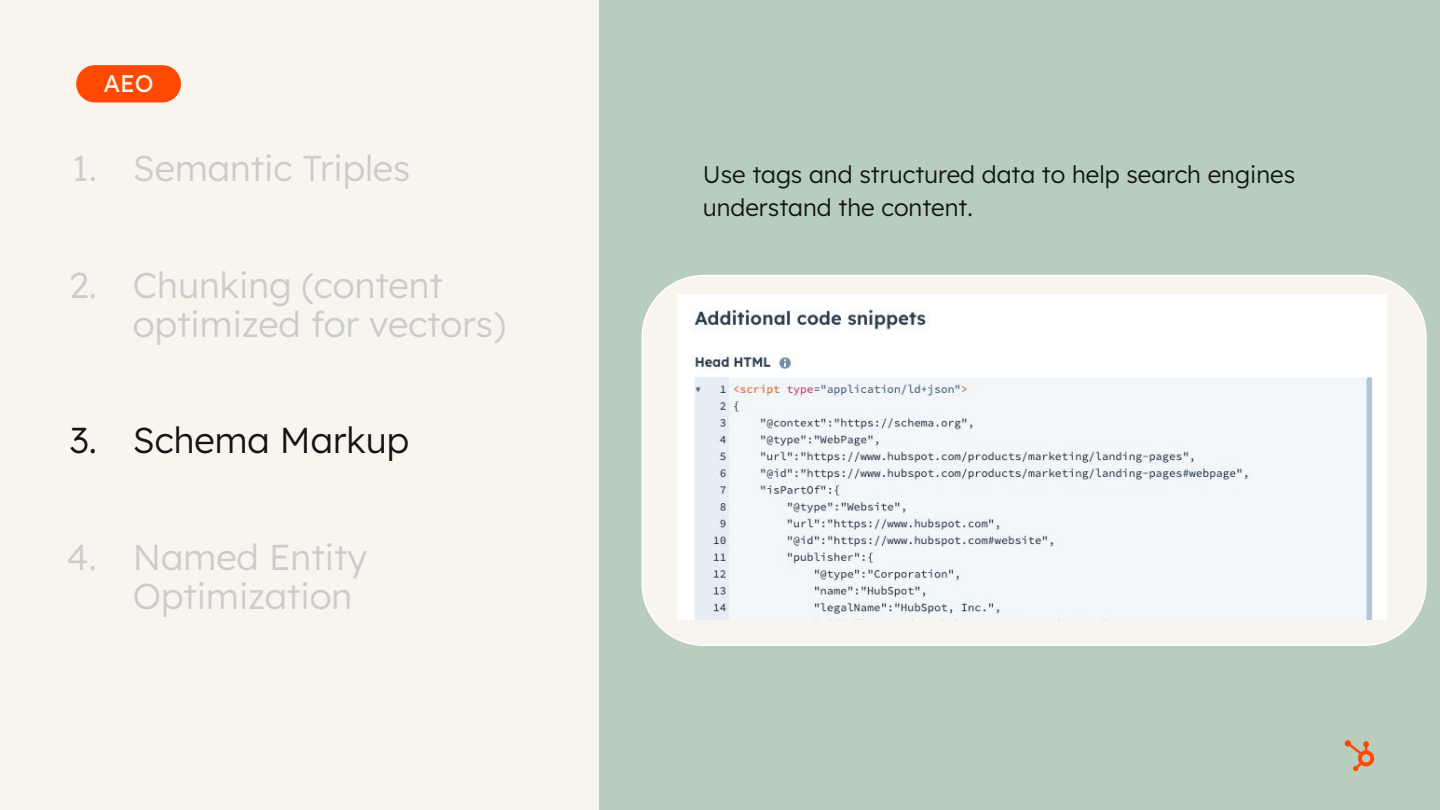 Schema markup JSON-LD code example showing structured data implementation for AEO (Answer Engine Optimization) on HubSpot.
