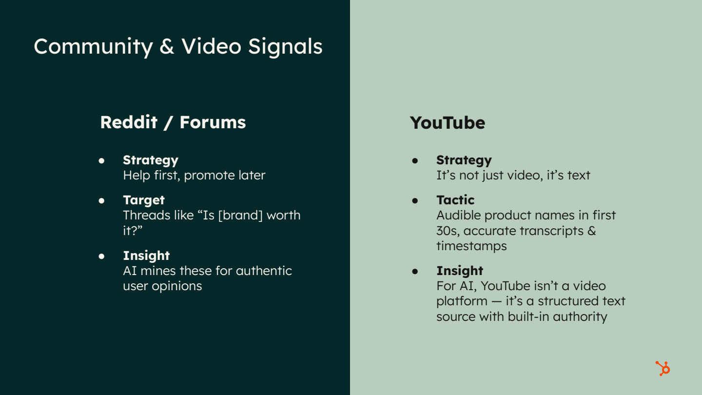Infographic comparing Reddit and YouTube strategies for community and video signals in AI-driven SEO.