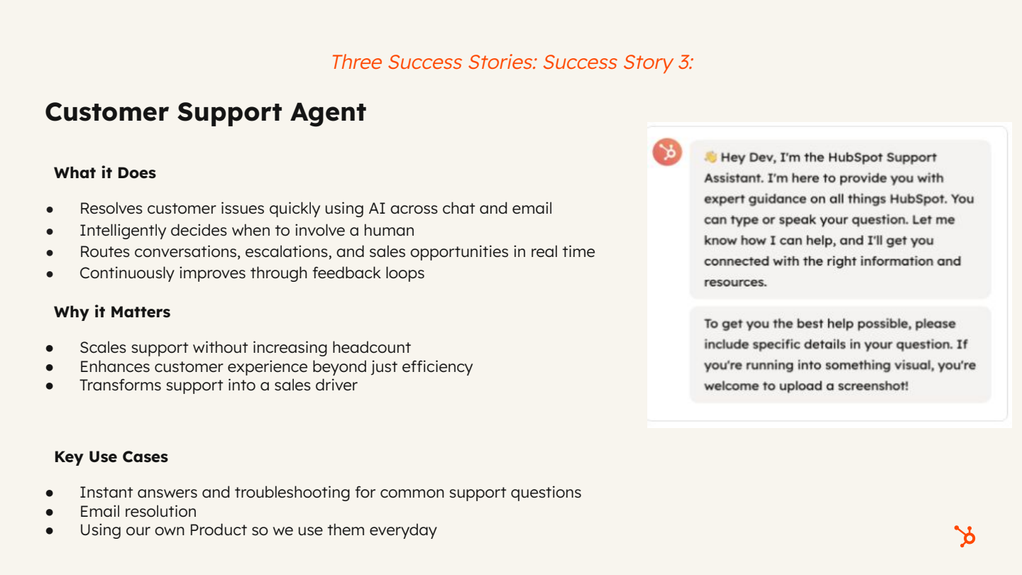 HubSpot Customer Support Agent AI chatbot overview showing features, benefits, and key use cases. Visible text: Three Success Stories...