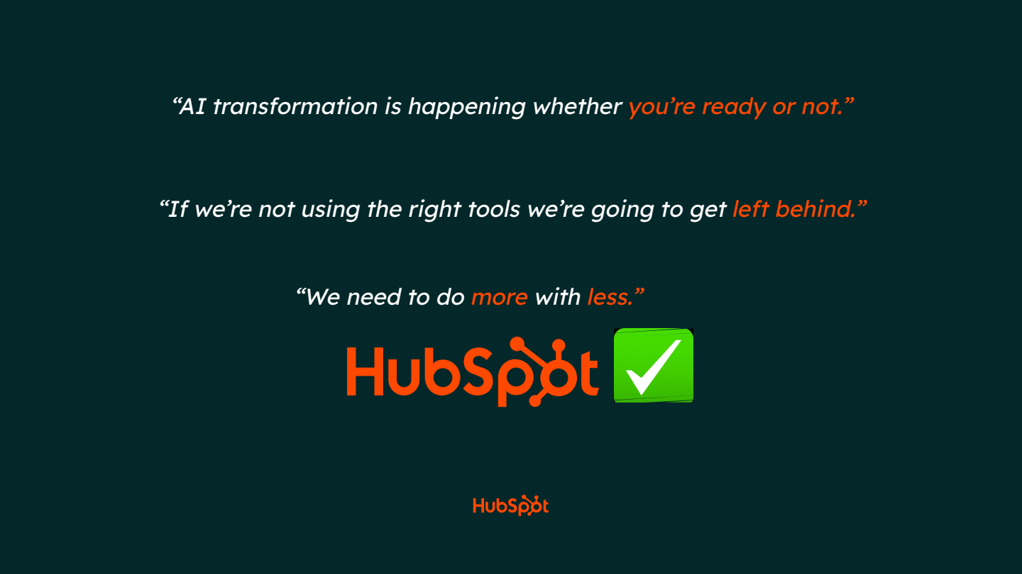 HubSpot promotional graphic featuring AI transformation quotes about adopting the right tools to stay competitive. Visible text: "AI...