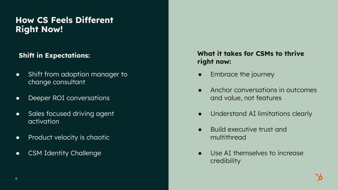 Slide comparing shifting CSM expectations with strategies for customer success managers to thrive in the AI era. Visible text: # How CS...