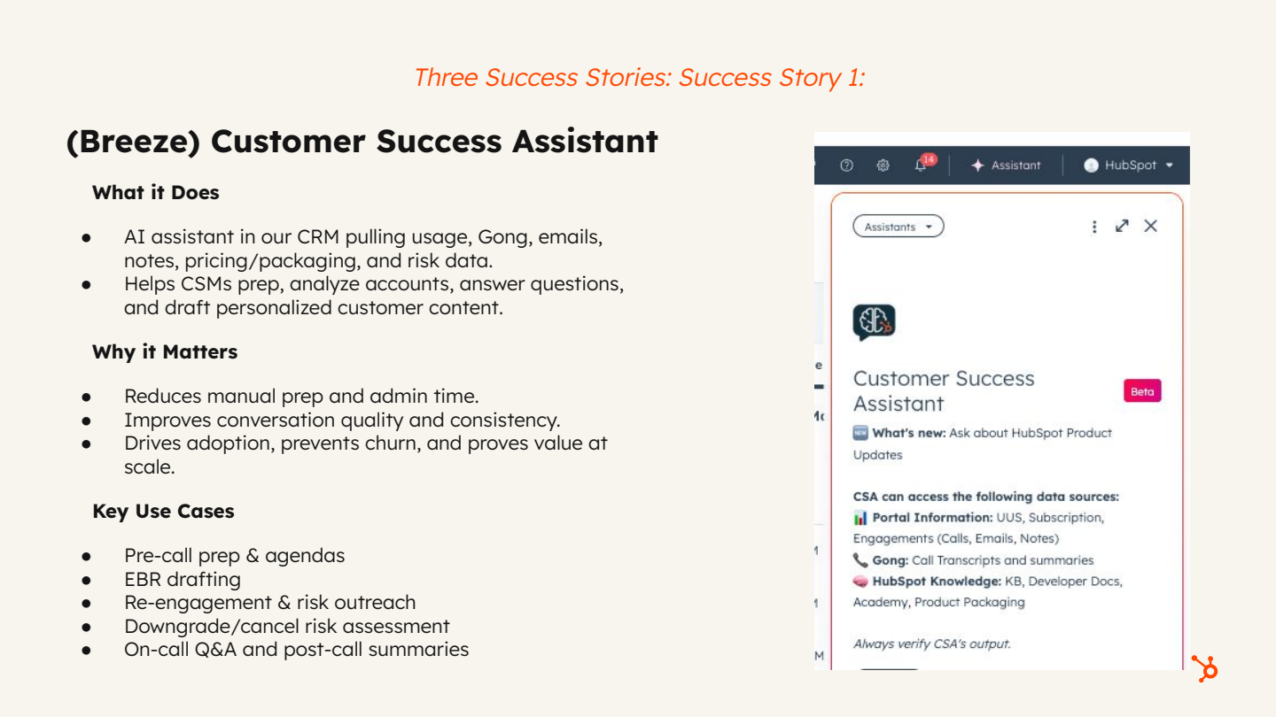 Breeze Customer Success Assistant overview slide showing features, benefits, key use cases, and HubSpot interface screenshot. Visible...