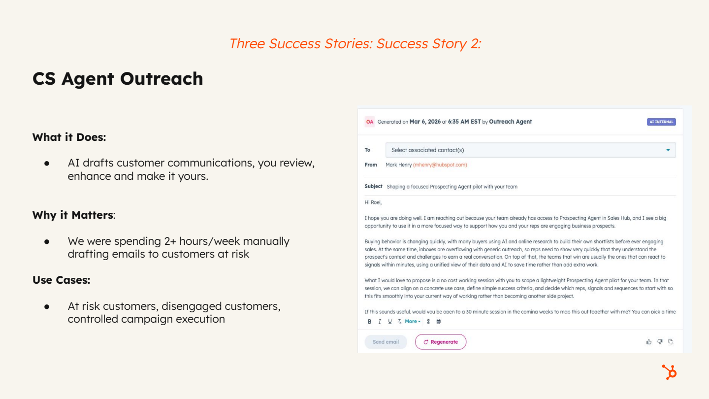 CS Agent Outreach success story showing AI-drafted customer email in HubSpot's Outreach Agent interface with key benefits. Visible text...
