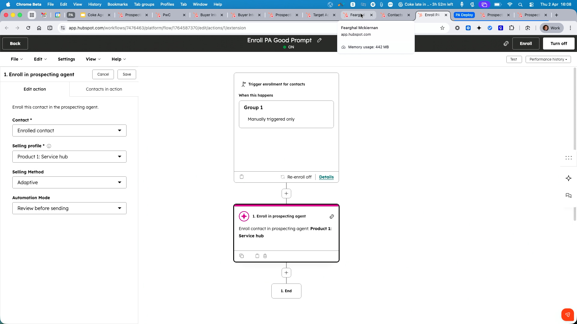 HubSpot workflow editor showing a prospecting agent enrollment action with selling profile and automation settings.