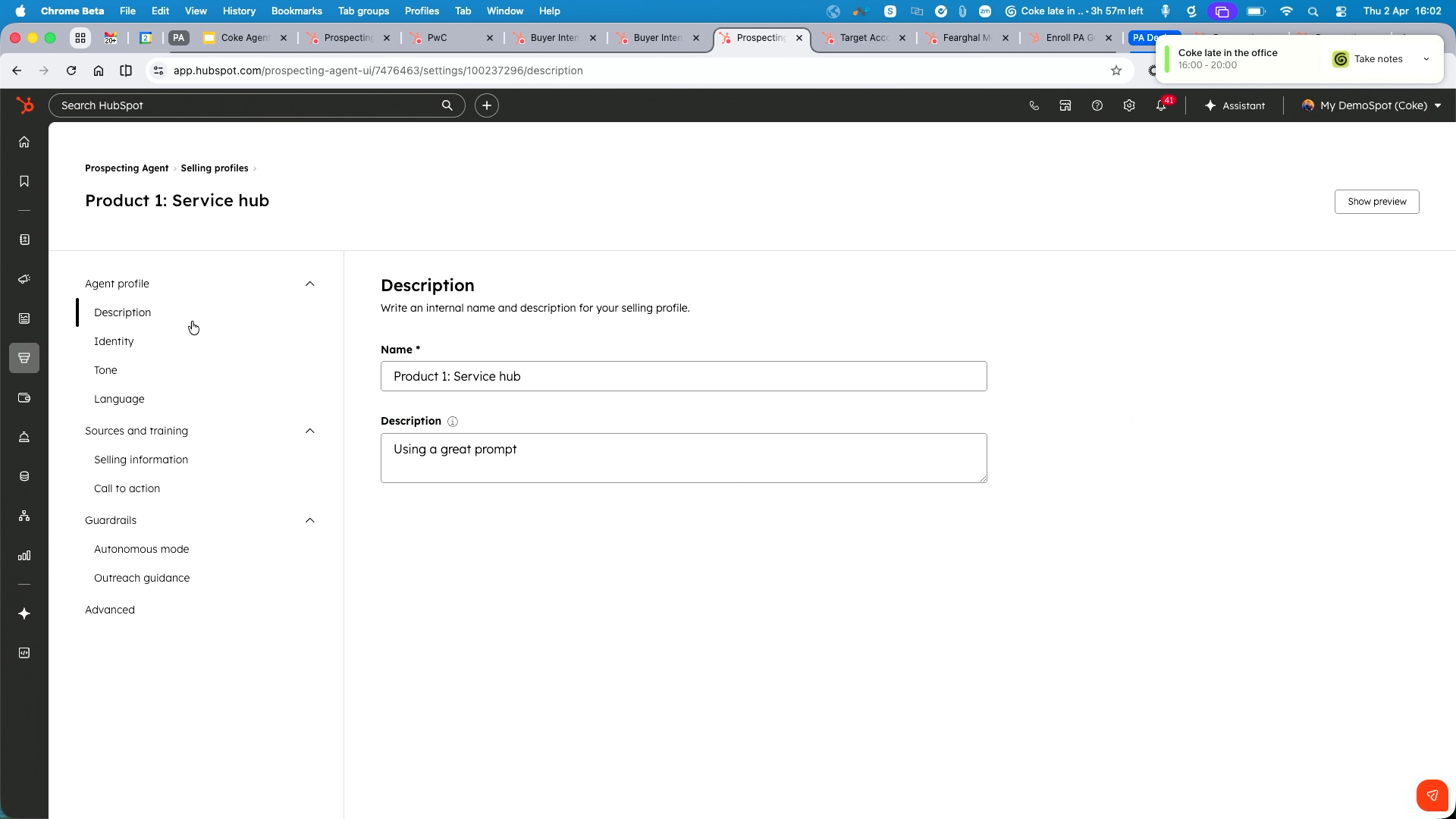HubSpot Prospecting Agent selling profile settings page showing description configuration for Product 1: Service hub.