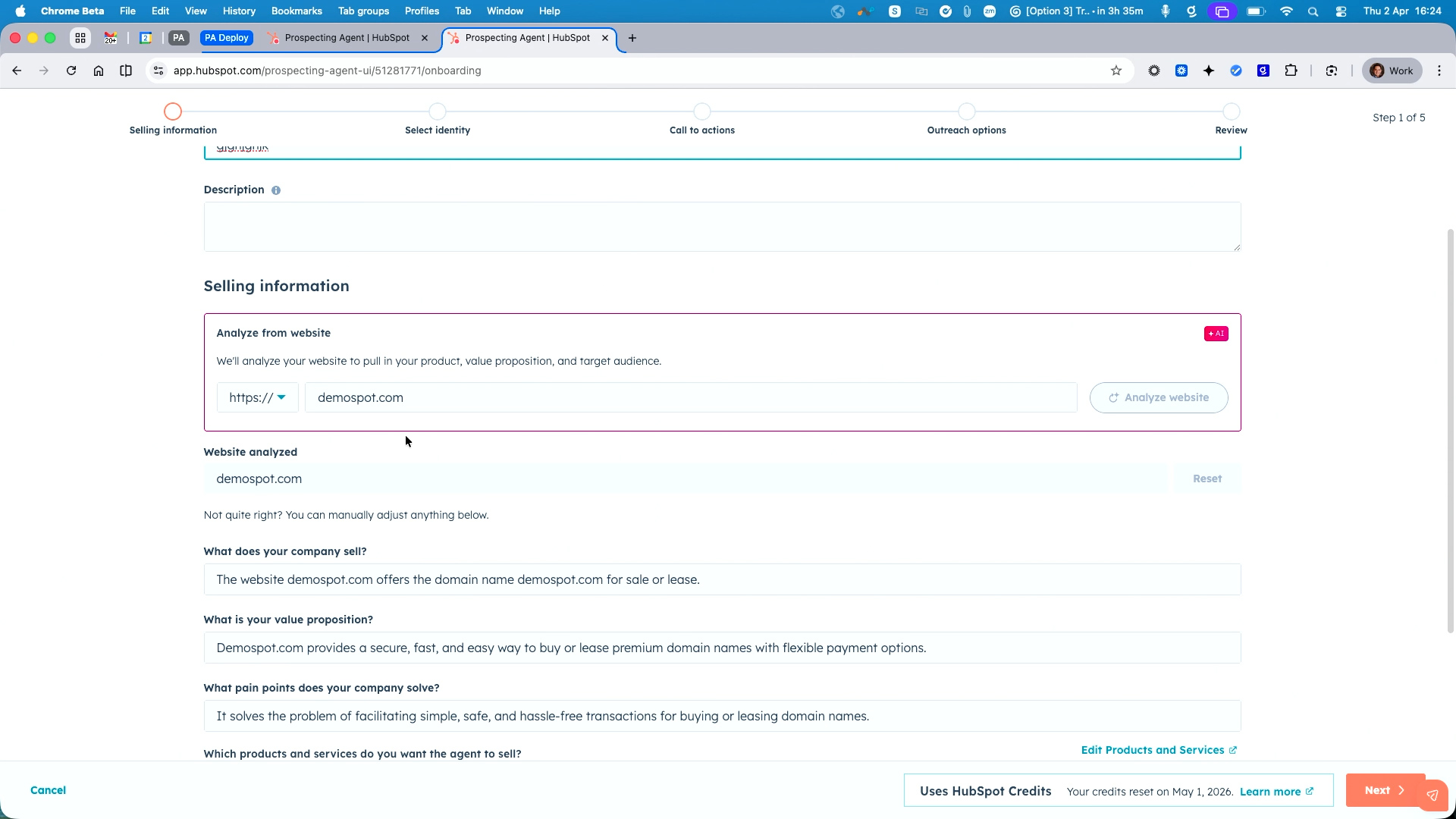 HubSpot Prospecting Agent onboarding page showing selling information setup with AI-powered website analysis for demospot.com.
