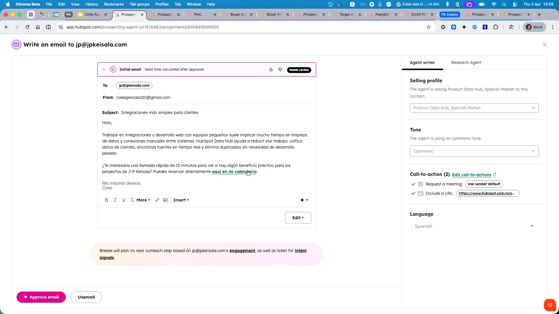 HubSpot prospecting agent composing a Spanish-language sales email promoting Product Data Hub to a contact.