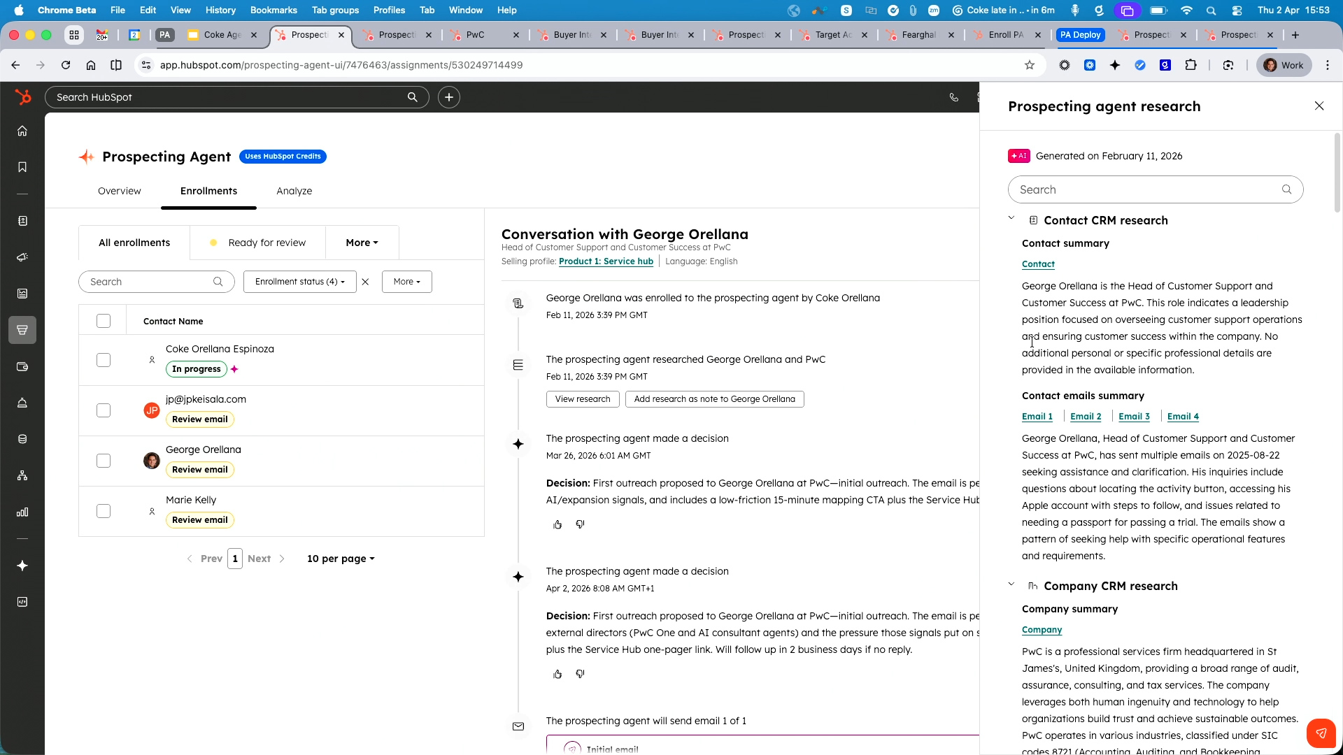 HubSpot Prospecting Agent dashboard showing conversation timeline and CRM research for contact George Orellana at PwC.