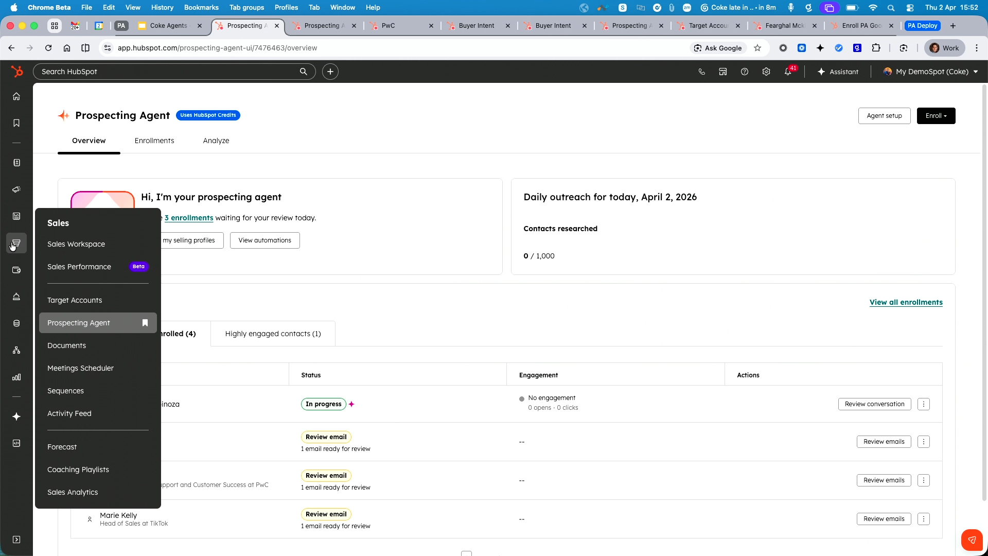 HubSpot Prospecting Agent dashboard showing daily outreach overview, enrollment statuses, and email review actions.