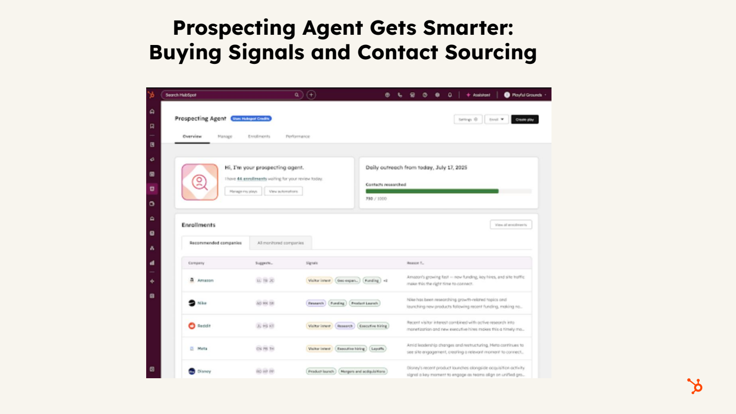 HubSpot Prospecting Agent dashboard showing buying signals, contact sourcing, and company enrollment recommendations.