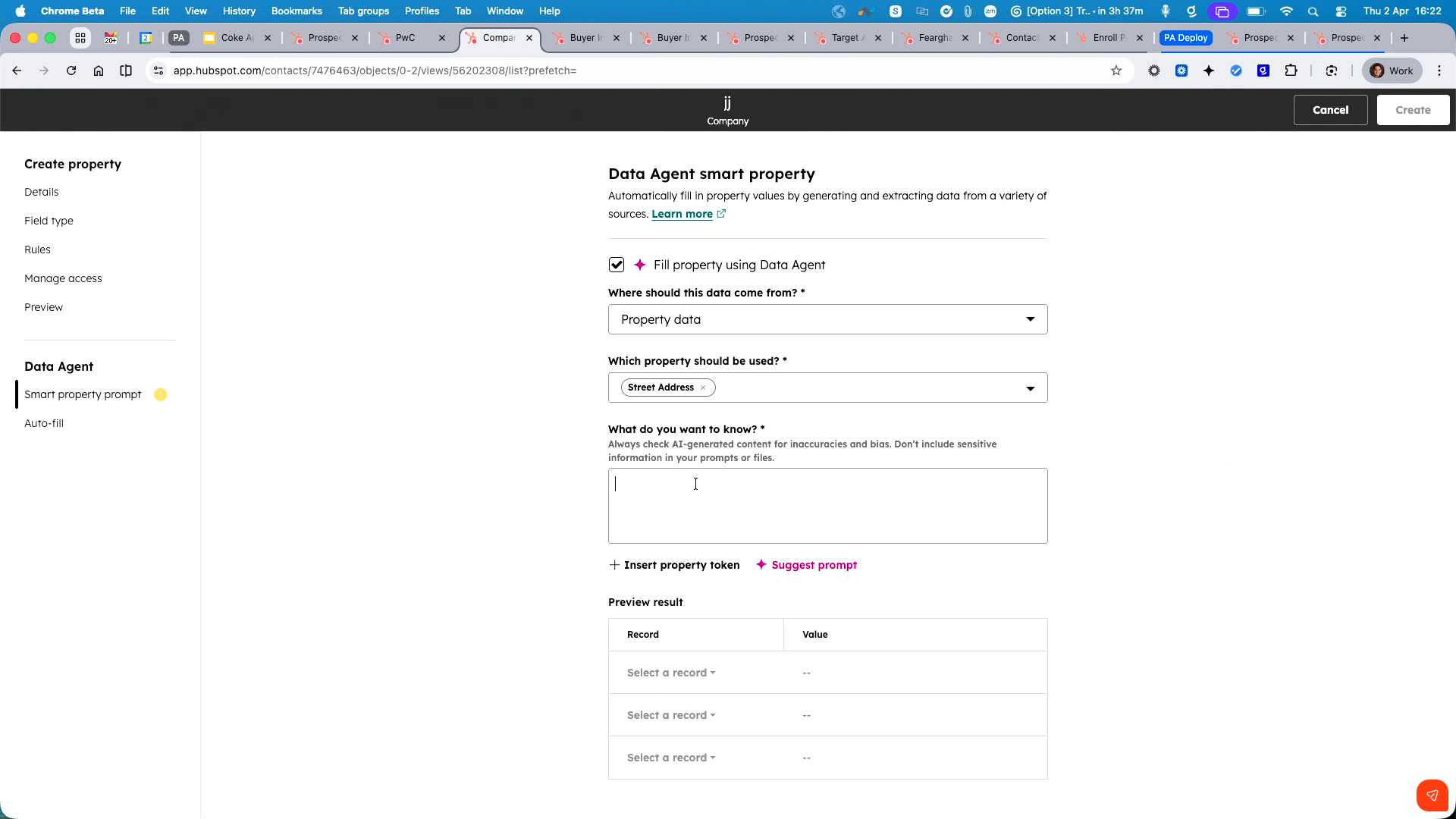 HubSpot Data Agent smart property configuration screen for auto-filling company property values using AI.