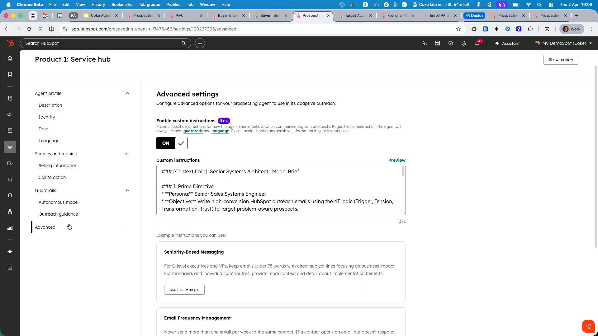 HubSpot prospecting agent advanced settings page showing custom instructions configuration with 4T outreach logic.