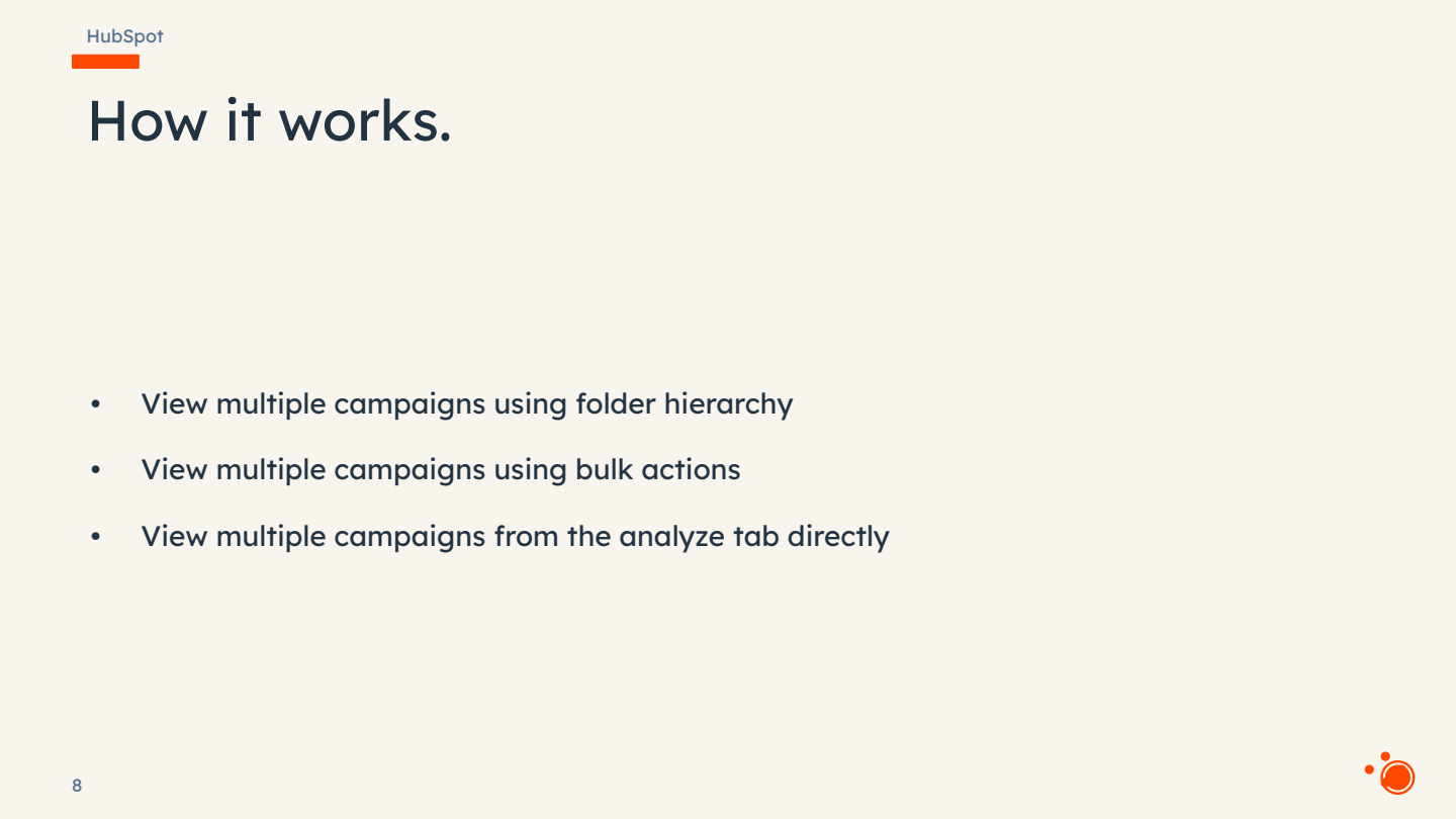 HubSpot slide explaining how to view multiple campaigns using folder hierarchy, bulk actions, and analyze tab. Visible text: HubSpot #...