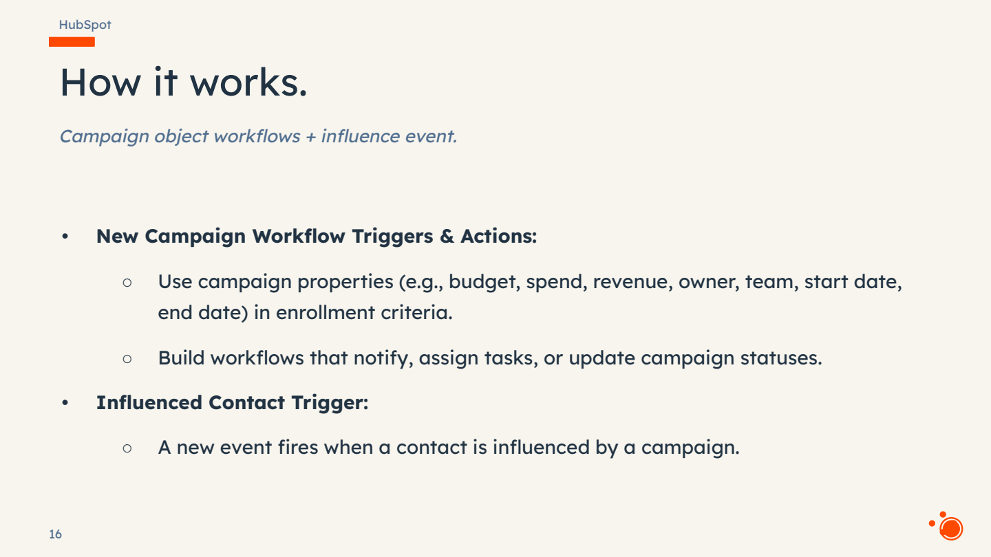 HubSpot slide explaining campaign object workflow triggers, actions, and influenced contact trigger functionality. Visible text: HubSpot...