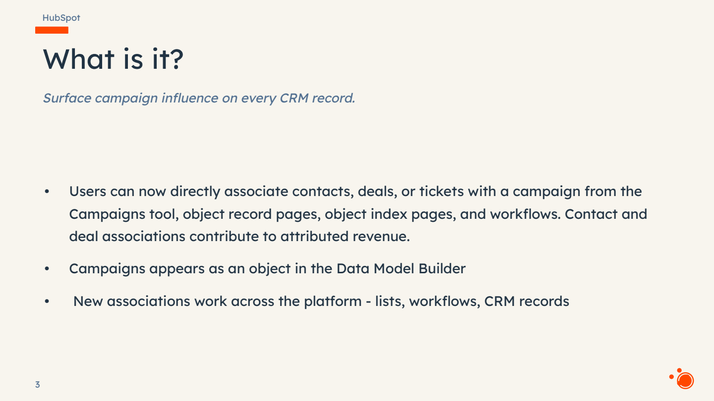 HubSpot slide explaining campaign associations with CRM records, data model integration, and revenue attribution features. Visible text...