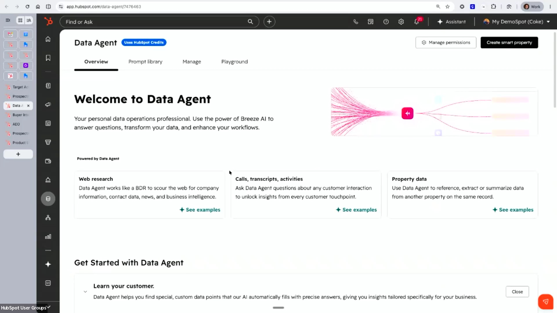 HubSpot Data Agent overview page showcasing Breeze AI-powered web research, call transcripts, and property data features.
