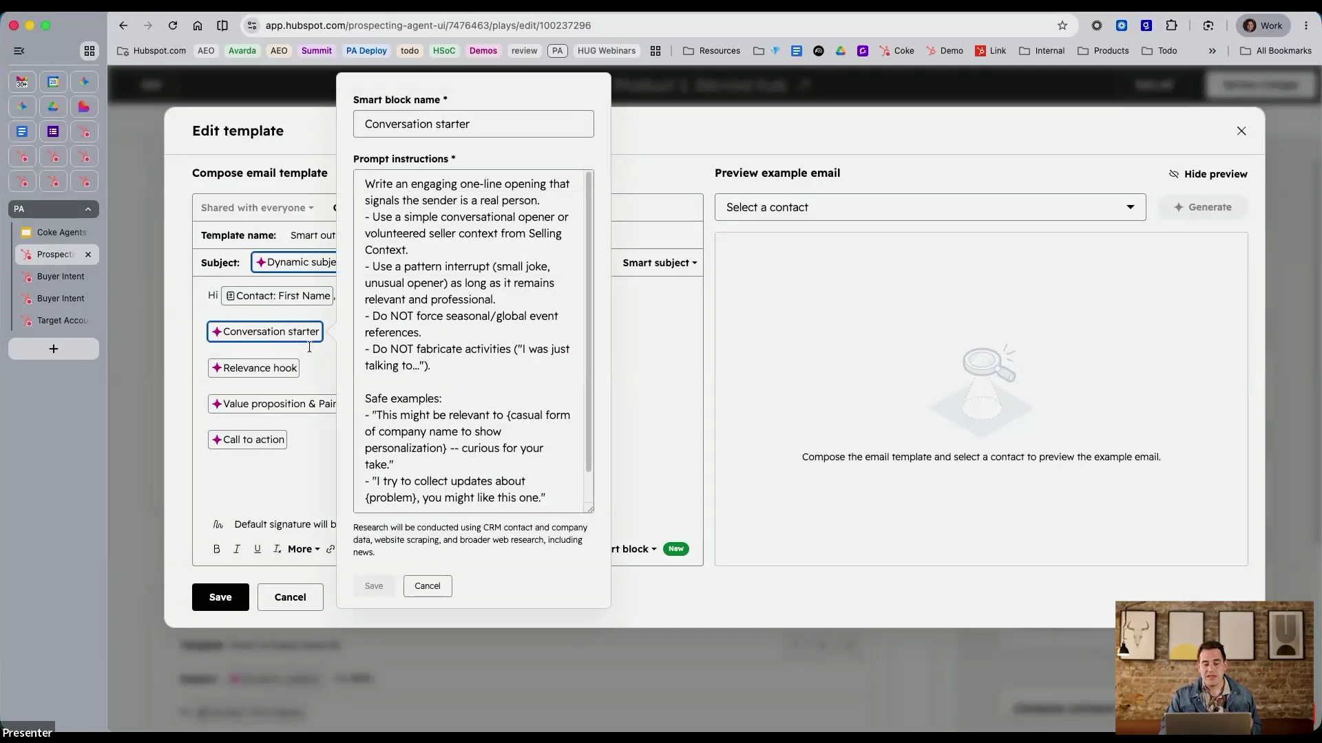 HubSpot Prospecting Agent email template editor showing a 