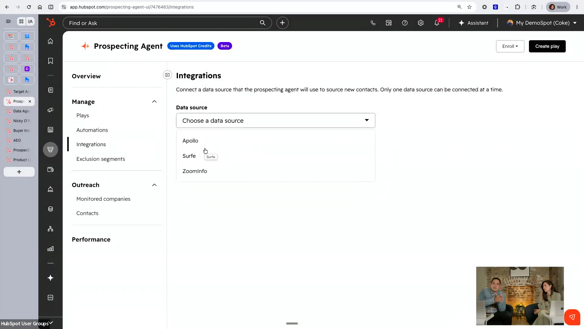 HubSpot Prospecting Agent integrations page showing data source options including Apollo, Surfe, and ZoomInfo.
