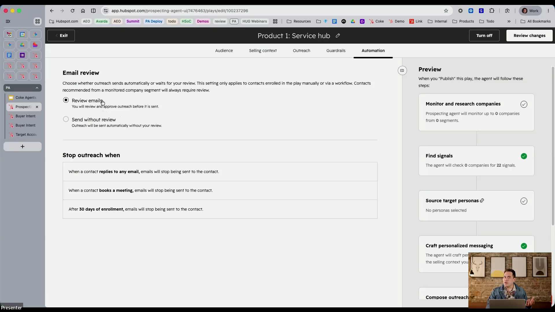 HubSpot Prospecting Agent automation settings showing email review options and outreach stop conditions for Service Hub.