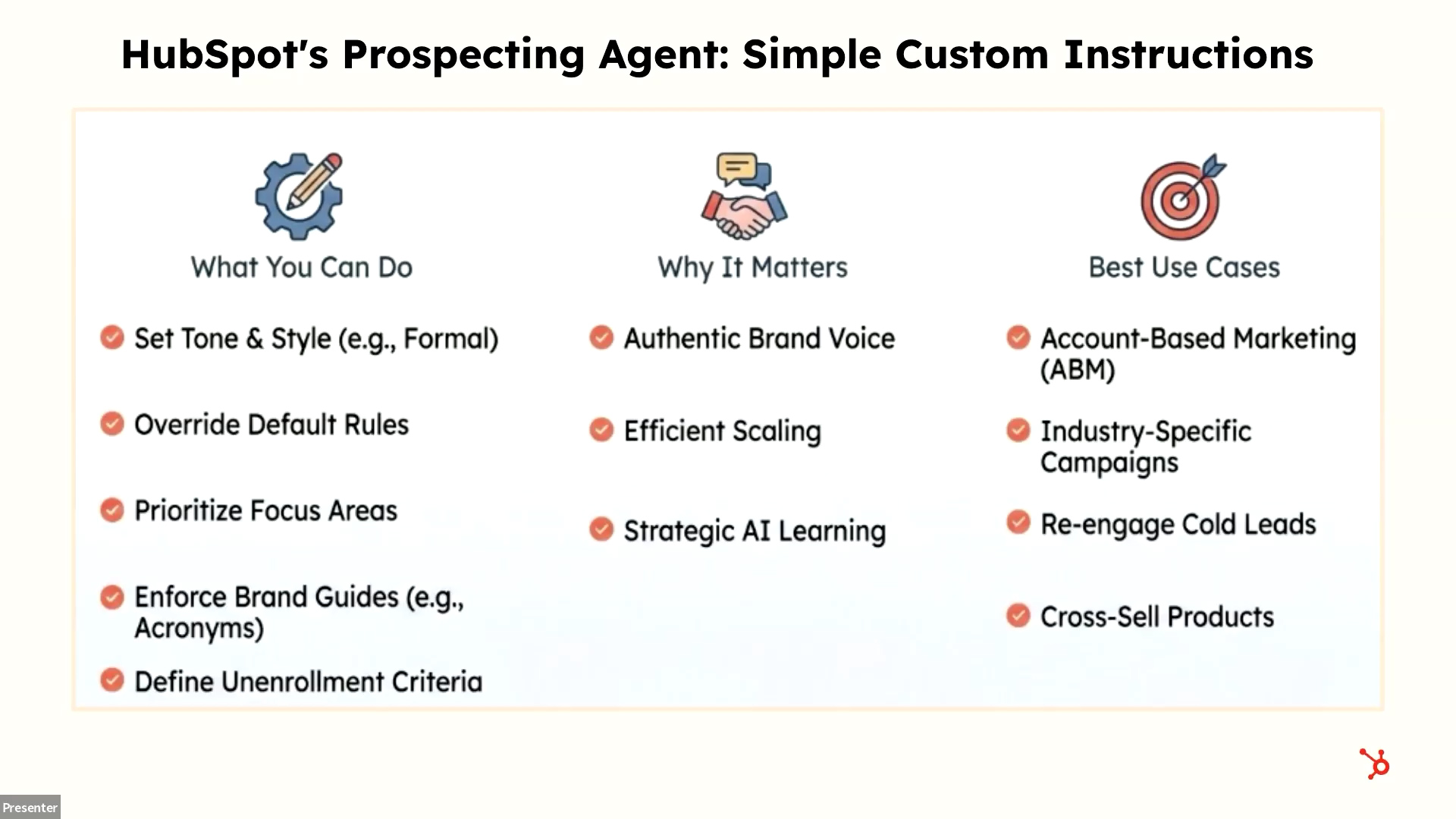 HubSpot Prospecting Agent overview showing custom instructions, benefits, and best use cases for AI-powered sales outreach.