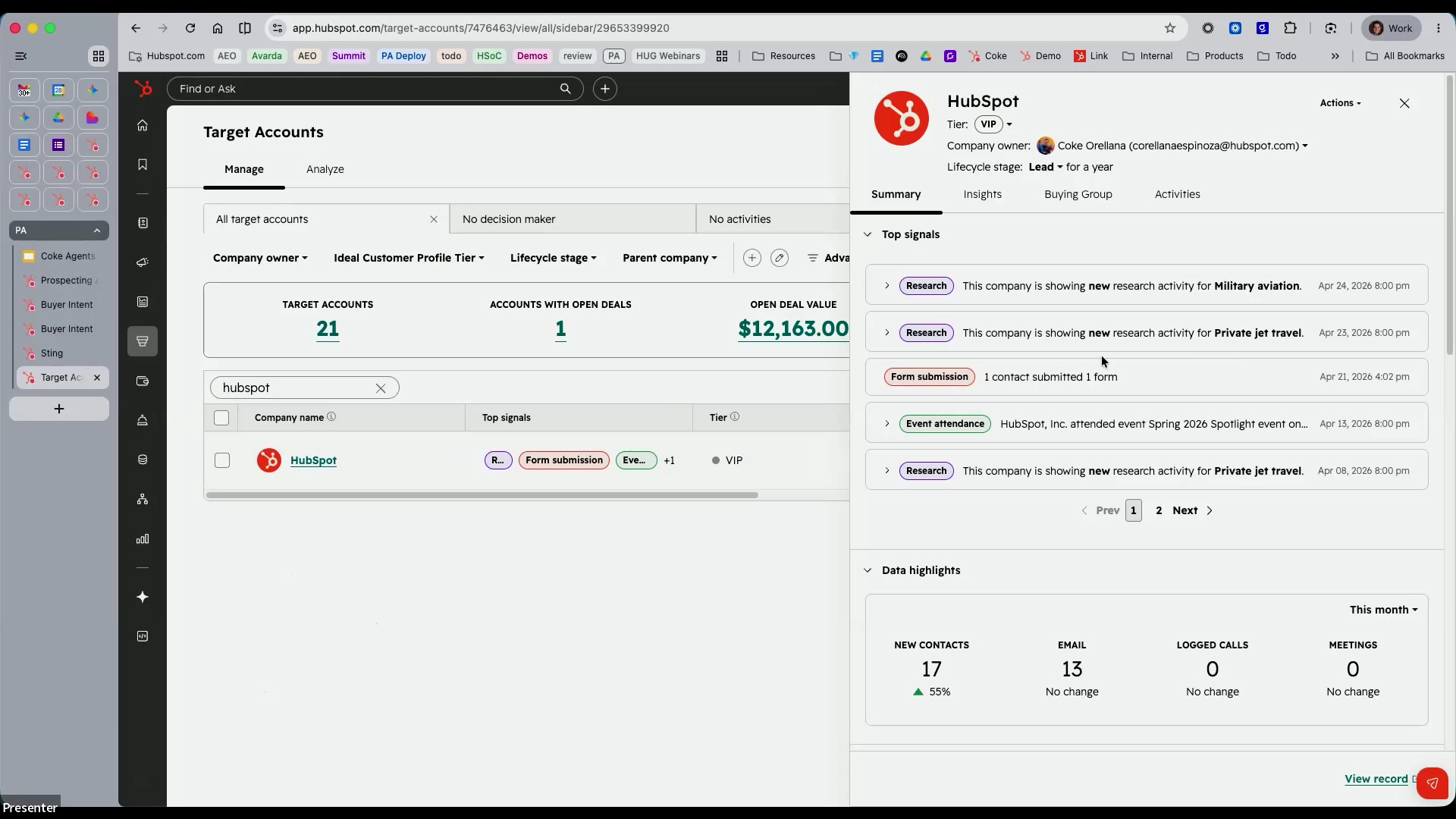 HubSpot Target Accounts dashboard showing company signals, deal values, and data highlights for account-based marketing.