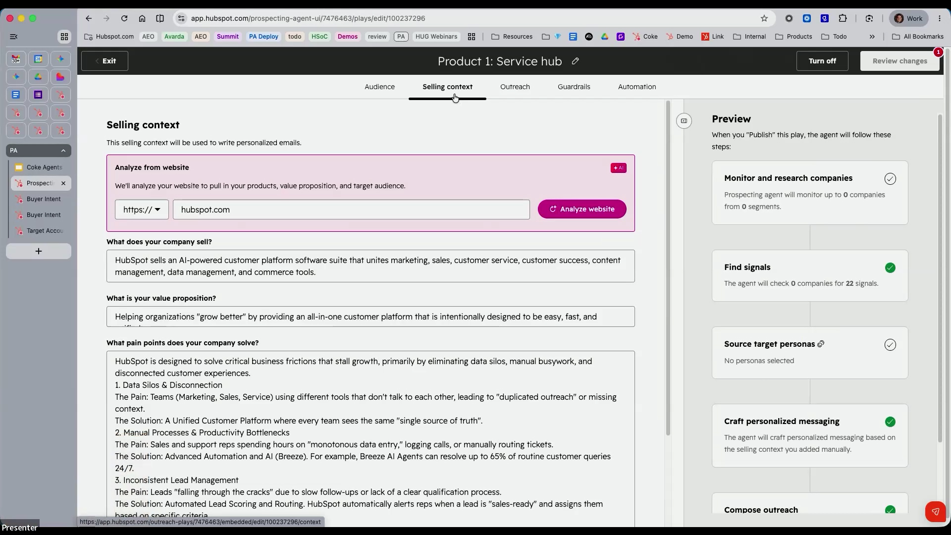 HubSpot Prospecting Agent selling context setup page showing website analysis, value proposition, and pain points configuration.