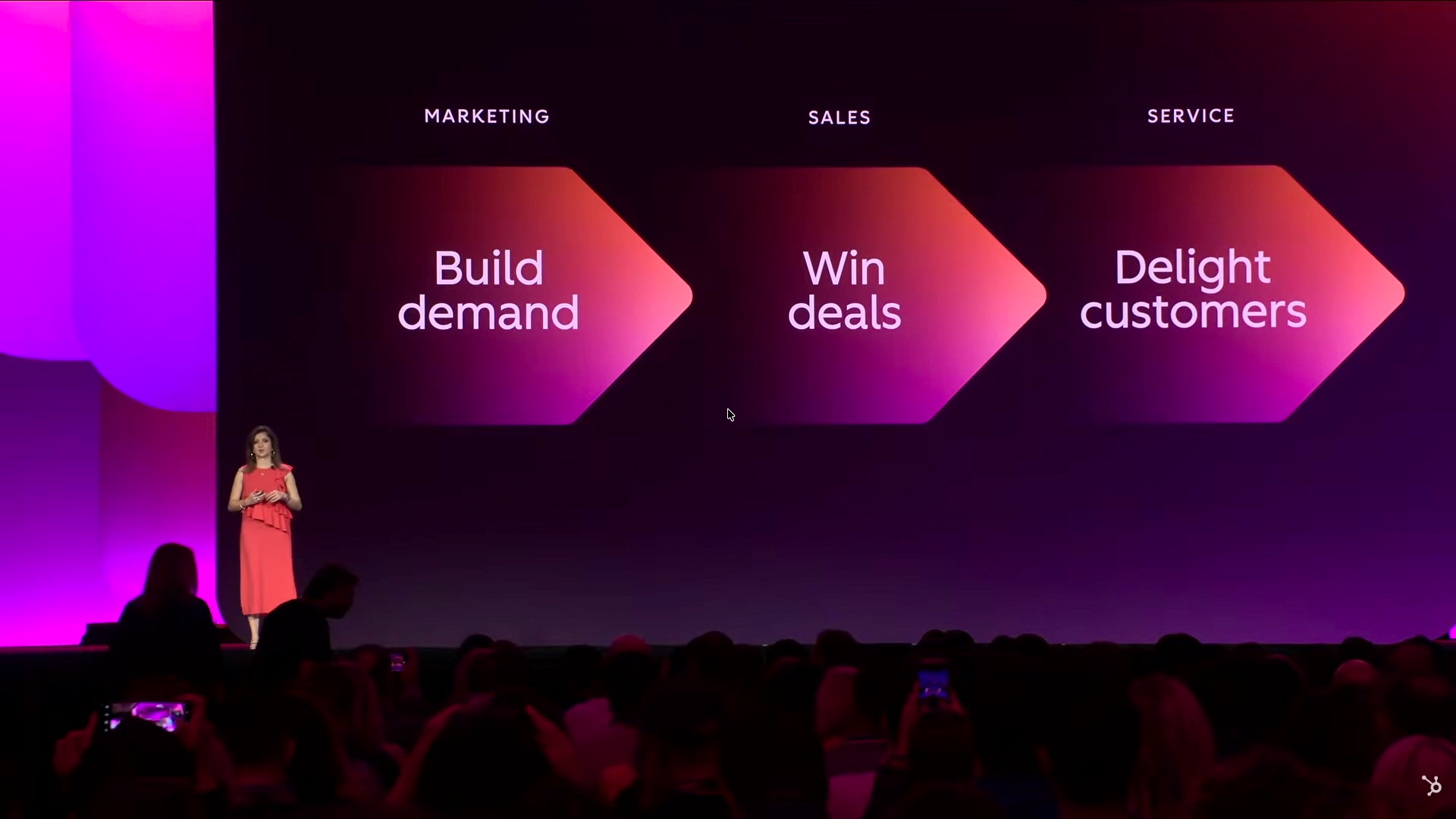 Stage screen showing three labelled columns of go-to-market outcomes with the speaker standing to the left