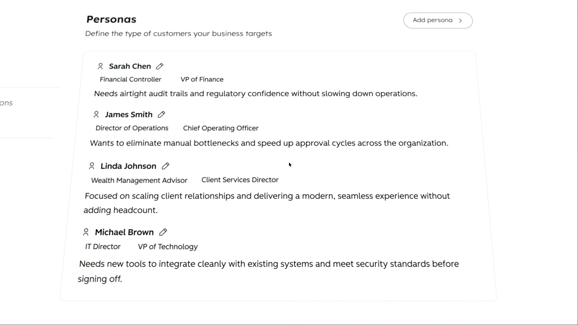 Product screen showing a Personas section with the subtitle Define the type of customers your business targets