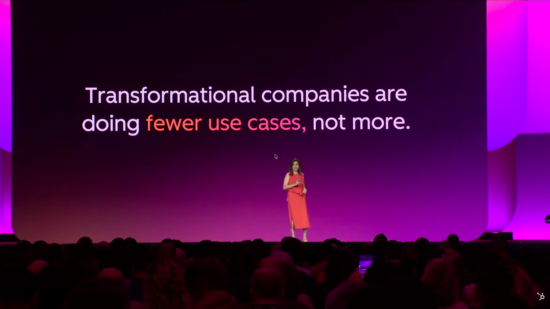 Slide reading Transformational companies are doing fewer use cases, not more, on a purple stage screen