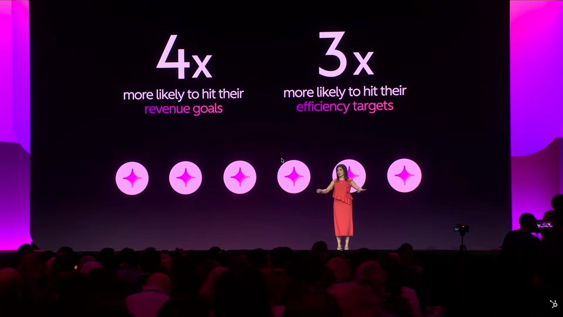Slide showing two large statistics, 4x more likely and a second multiplier, presented on a dark stage screen