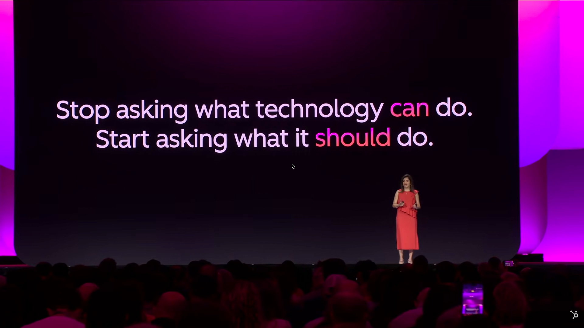 Stage screen displaying the text Stop asking what technology can do. Start asking what it should do.