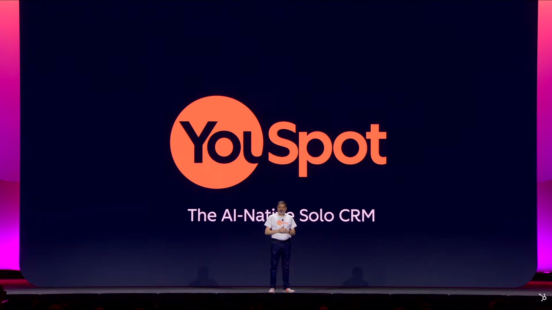Stage screen showing the YouSpot logo with the tagline describing it as the AI-native solo CRM.