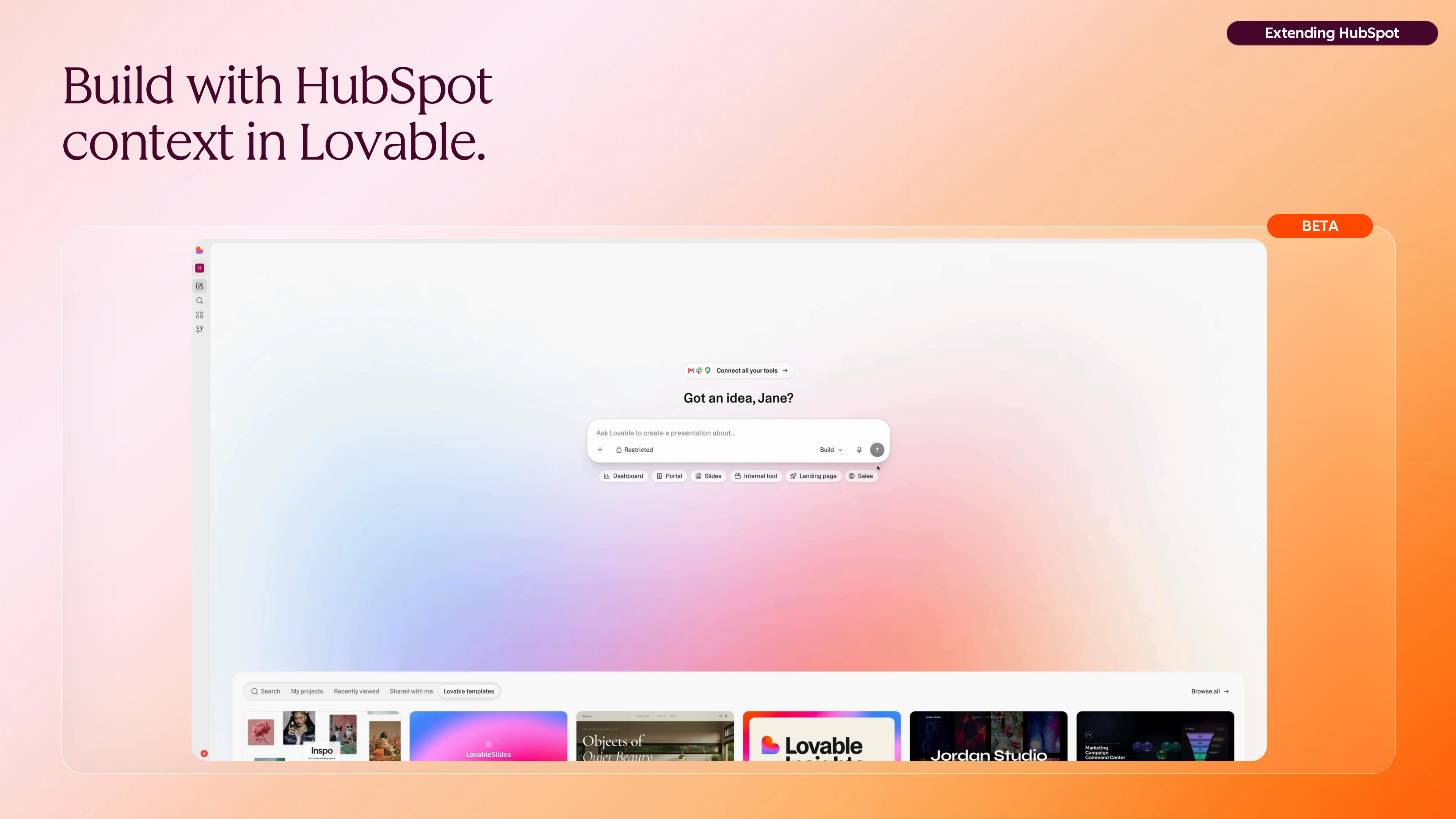 Promotional banner with a blurred gradient interface mockup and the text 'Build with HubSpot context in Lovable'.