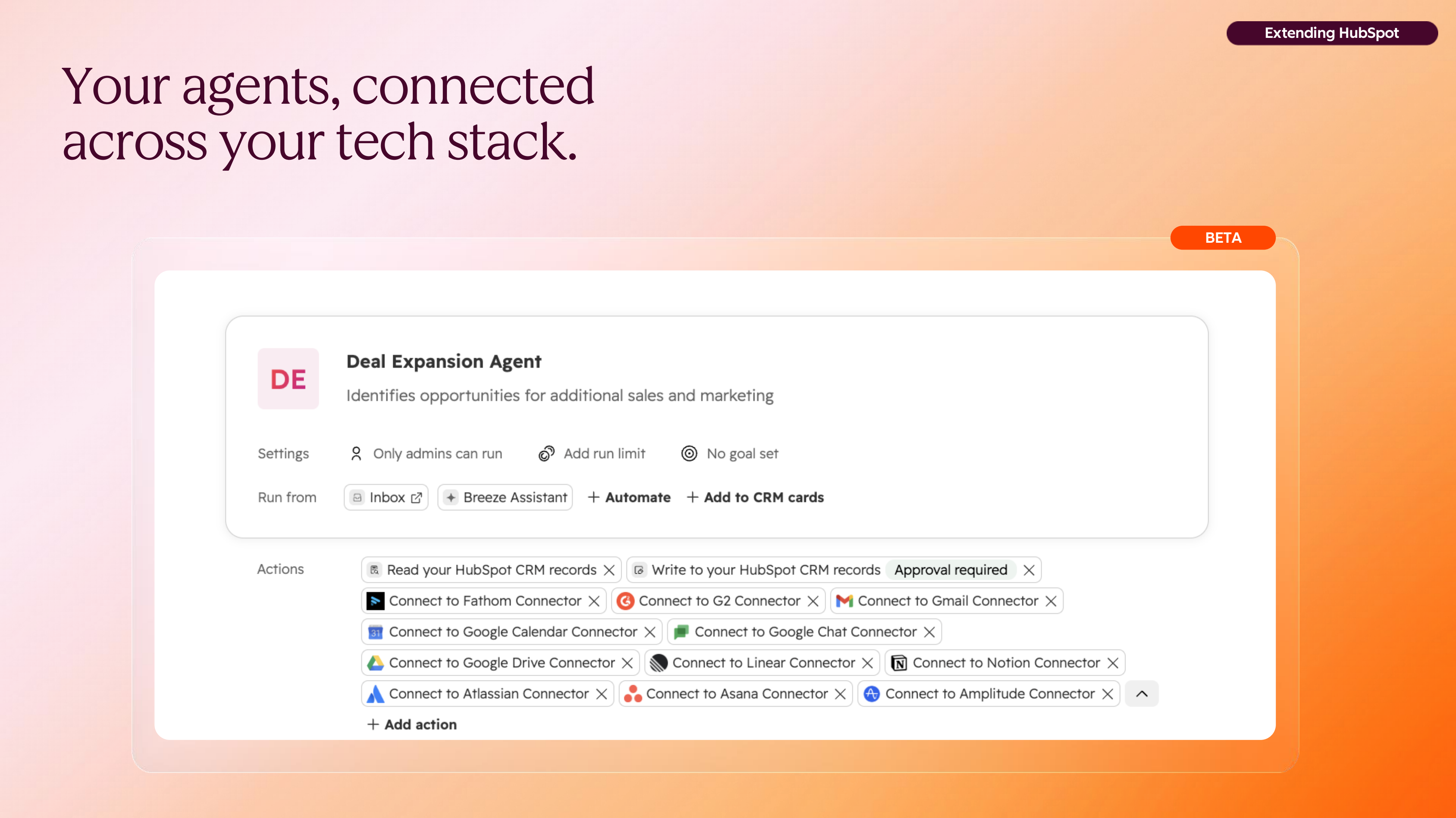 Product UI mockup showing a card titled 'Deal Expansion Agent' within a dashboard layout.