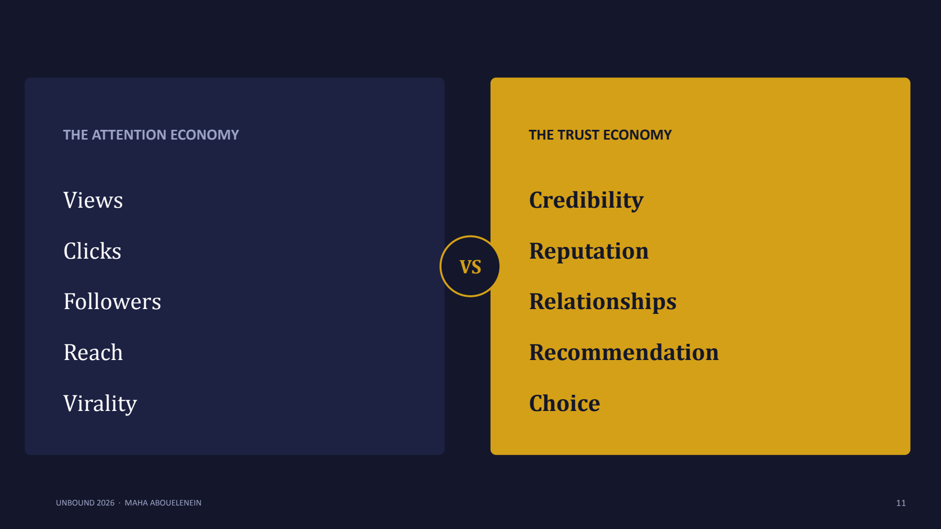 A two-column slide comparing 'The Attention Economy' on the left with 'The Trust Economy' on the right.