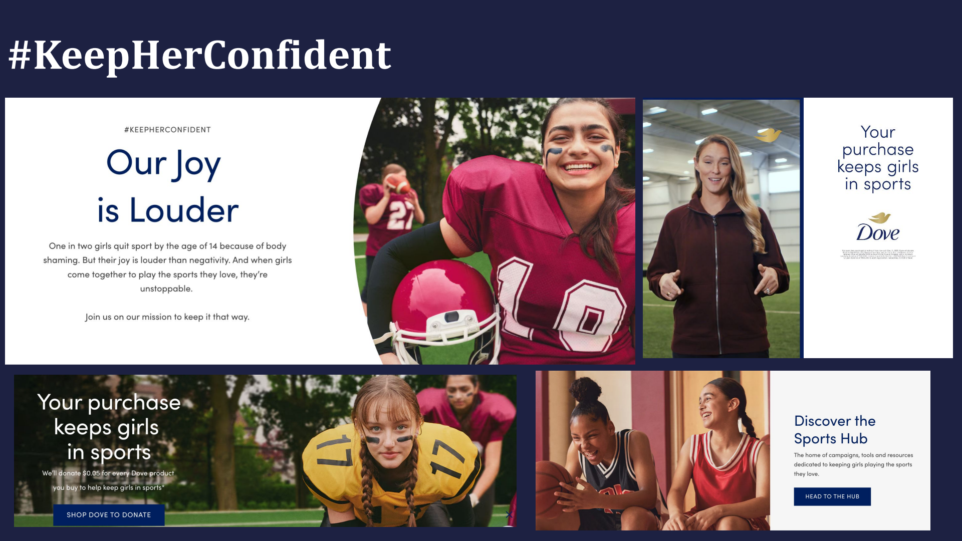 A horizontal collage with a navy header reading '#KeepHerConfident', featuring campaign imagery and text about joy and confidence.