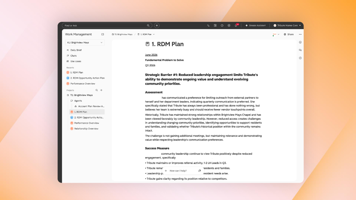 Screen showing a document editor with a hierarchical sidebar on the left and structured plan content in the main pane.