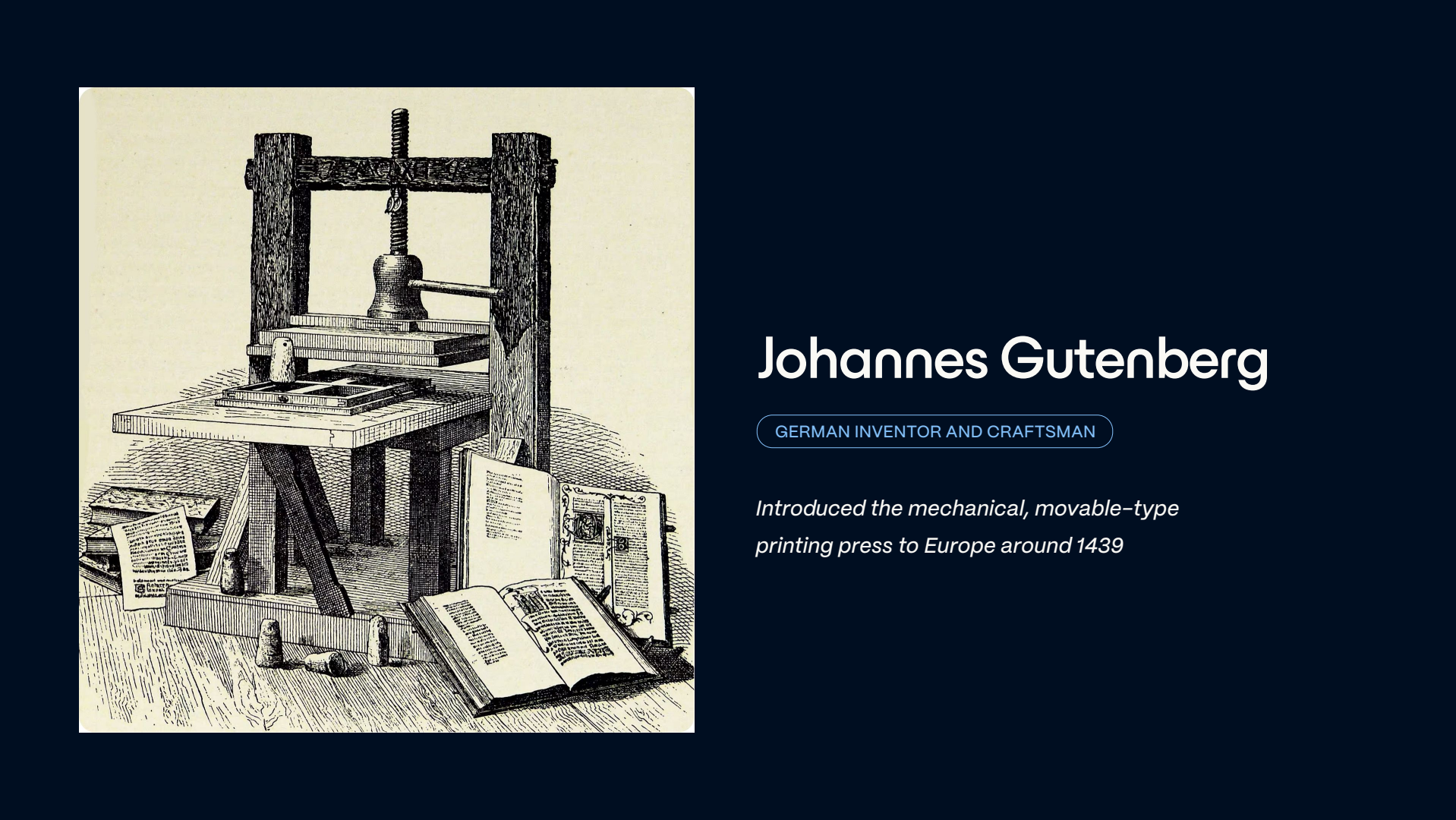 Slide showing an old woodcut illustration of a printing press beside explanatory text