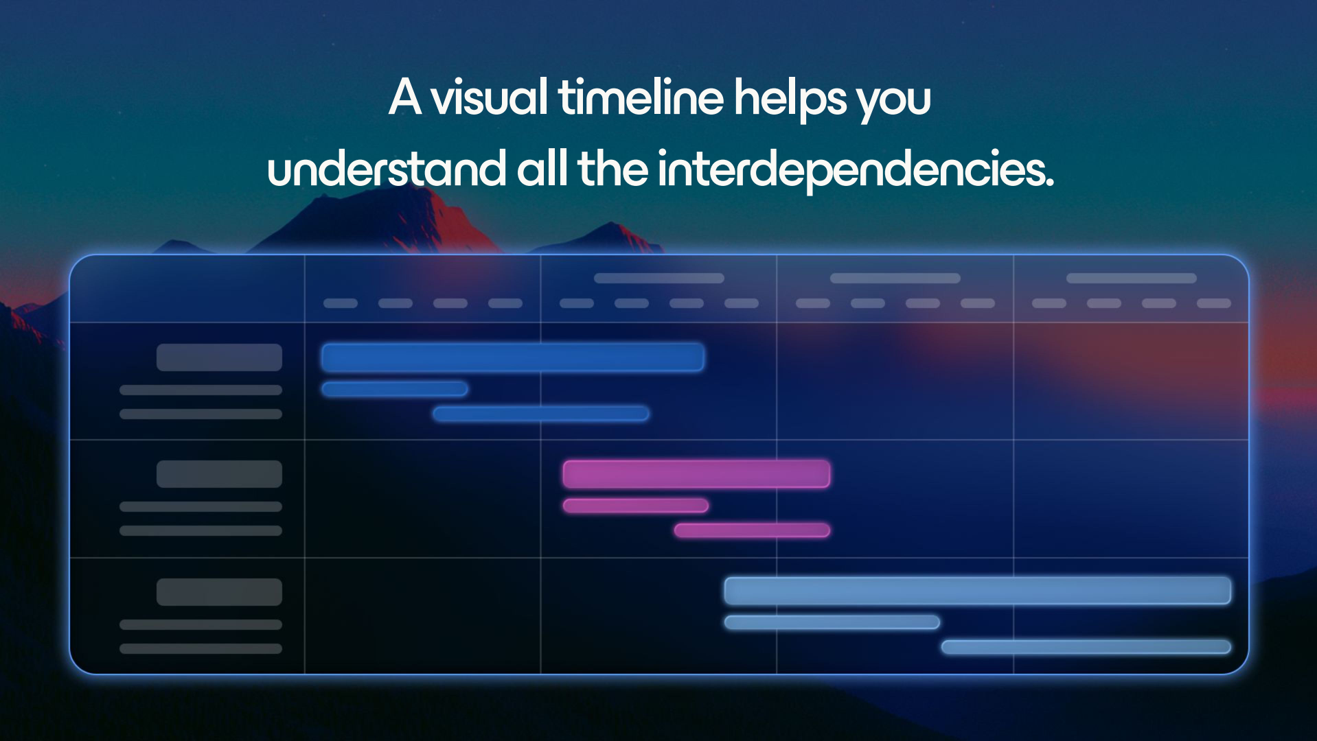 Mockup of a Gantt-style timeline chart with coloured horizontal bars showing tasks and dependencies