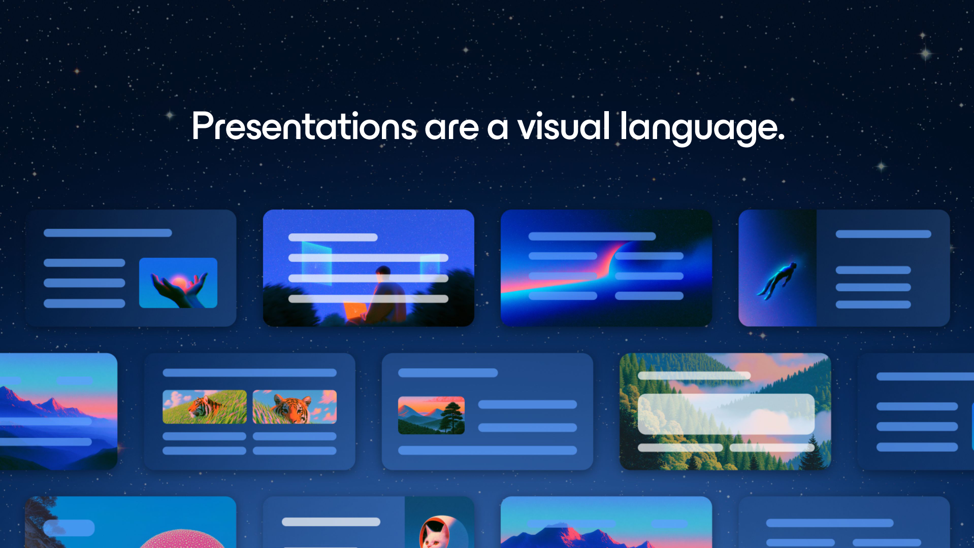 Banner slide on a dark starry background with the headline 'Presentations are a visual language'