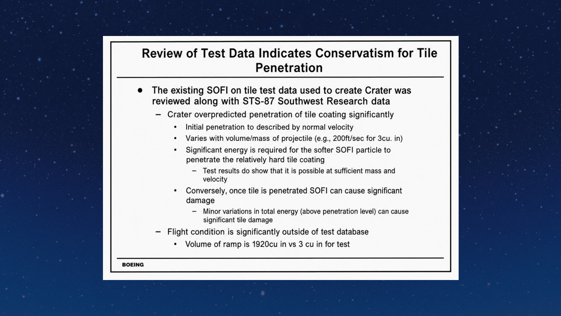 Dense engineering slide titled 'Review of Test Data Indicates Conservatism for Tile Penetration' summarising foam-on-tile test findings