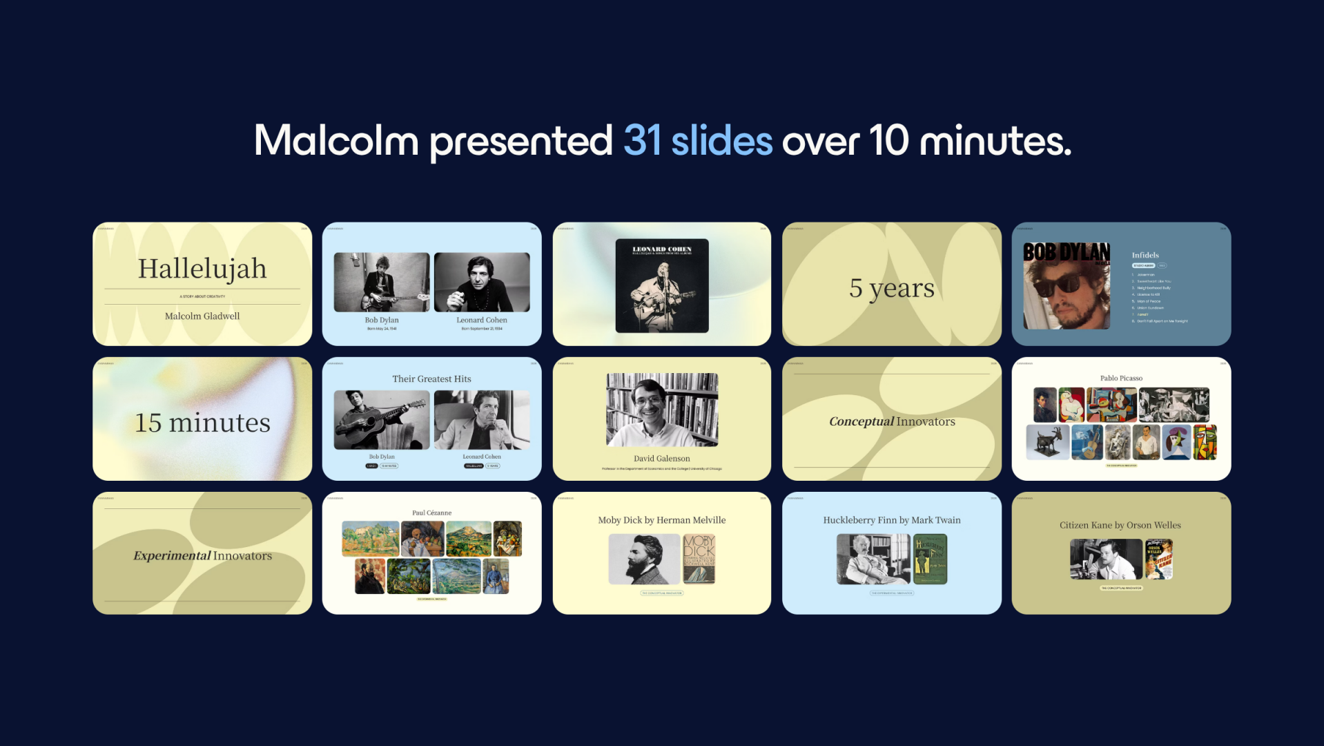 Slide noting that Malcolm presented 31 slides over 10 minutes, with a grid of slide thumbnails