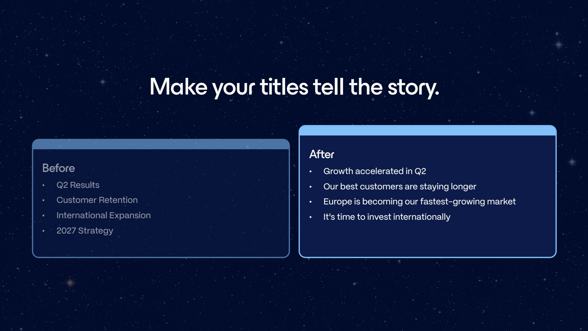 Slide headed 'Make your titles tell the story' showing generic slide titles beside assertive rewritten titles