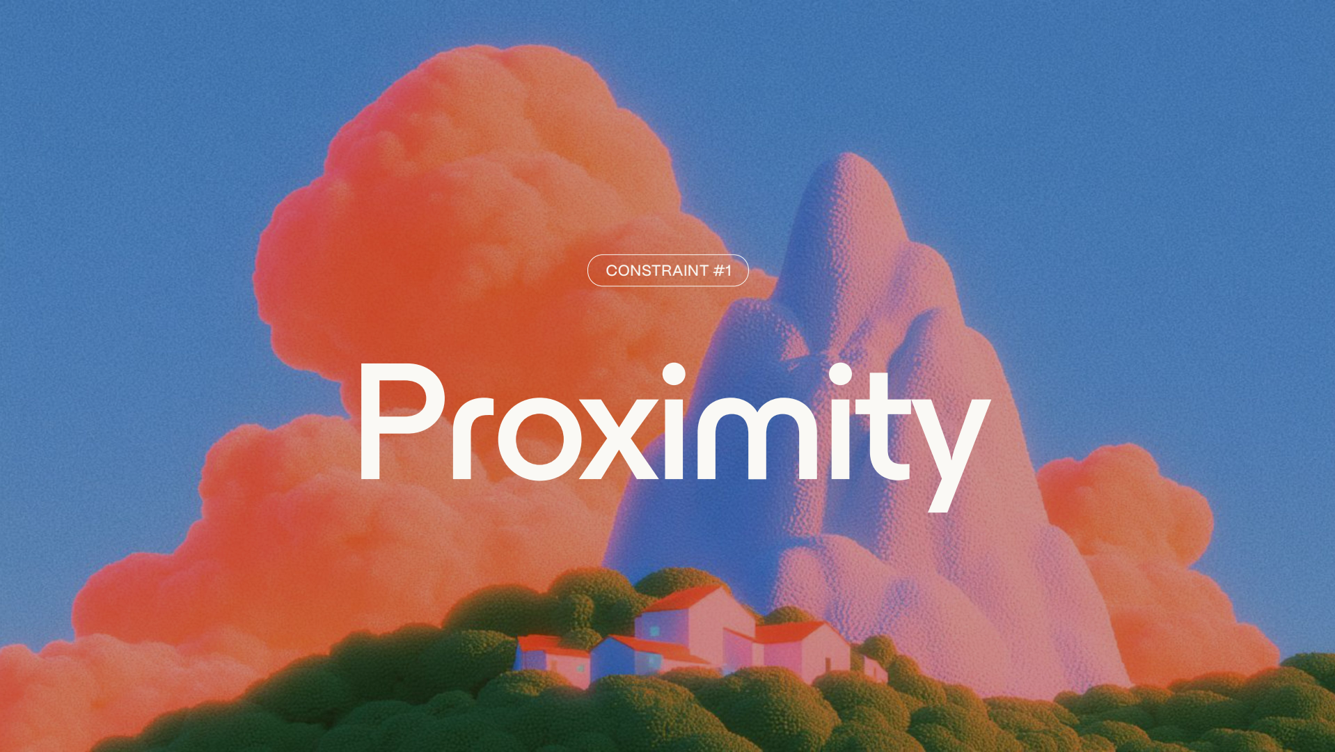 Slide with the word Proximity in large white letters over a colourful illustrated background