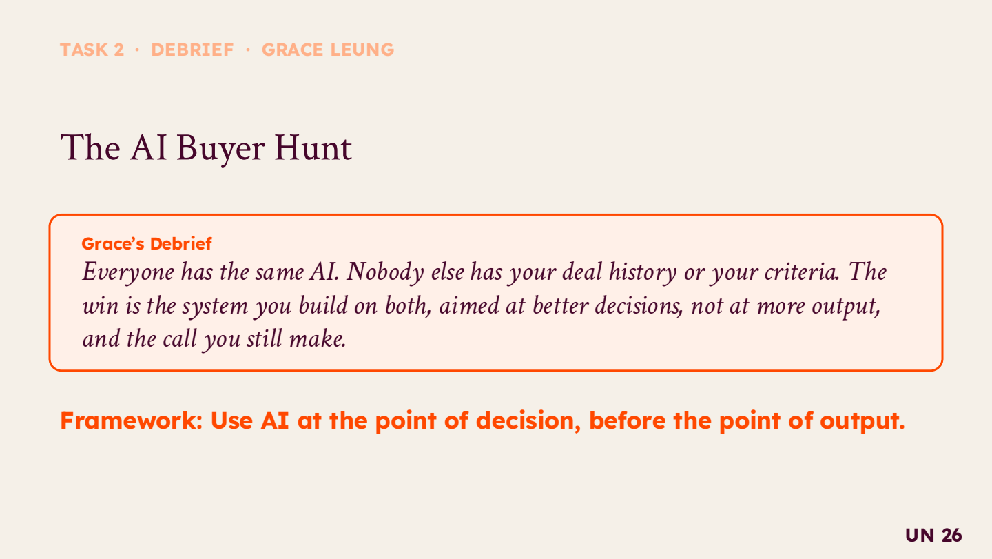 Slide titled The AI Buyer Hunt with a debrief by Grace Leung and a highlighted quote about everyone having the same AI