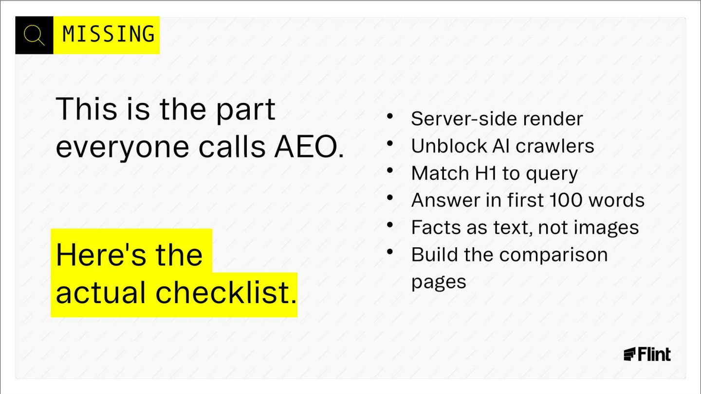 Slide titled MISSING reading: This is the part everyone calls AEO, with a highlighted box reading Here's the actual checklist.