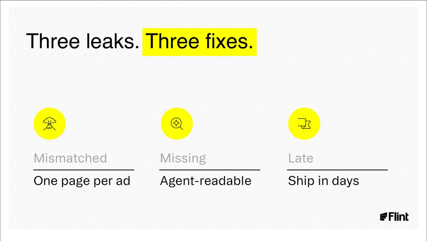 Slide titled 'Three leaks. Three fixes.' with the words Three fixes highlighted and three items listed below.