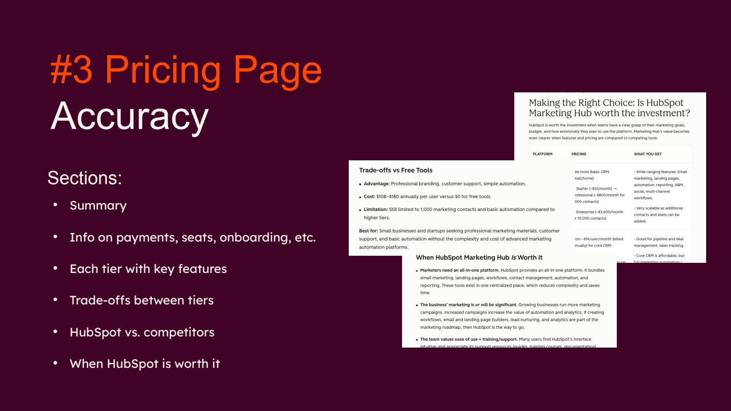 Slide for experiment three, Pricing Page Accuracy, listing the page sections including summary, payments and seats, onboarding and tier trade-offs