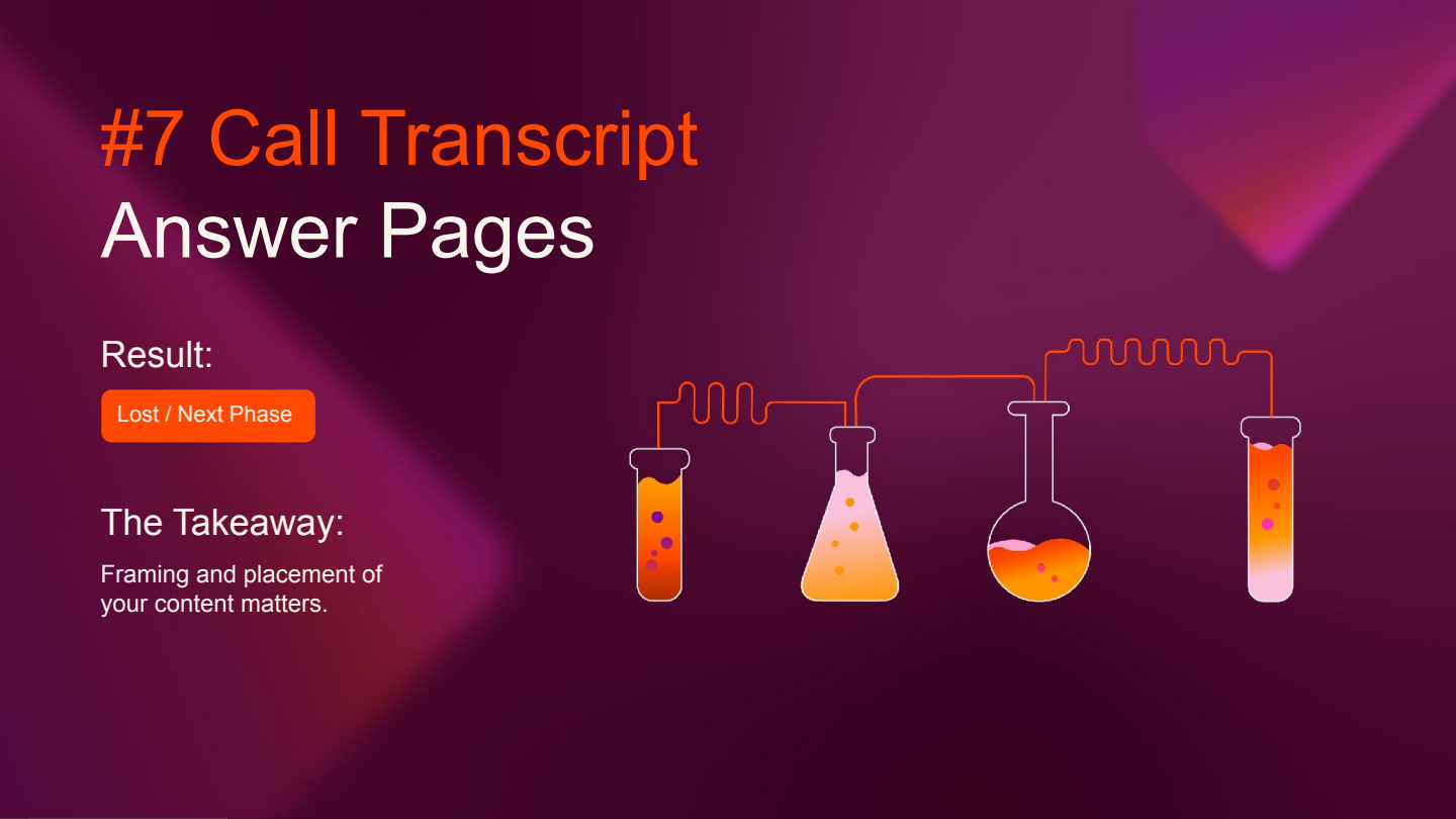 Slide for experiment seven, Call Transcript Answer Pages, with stylised laboratory glassware imagery